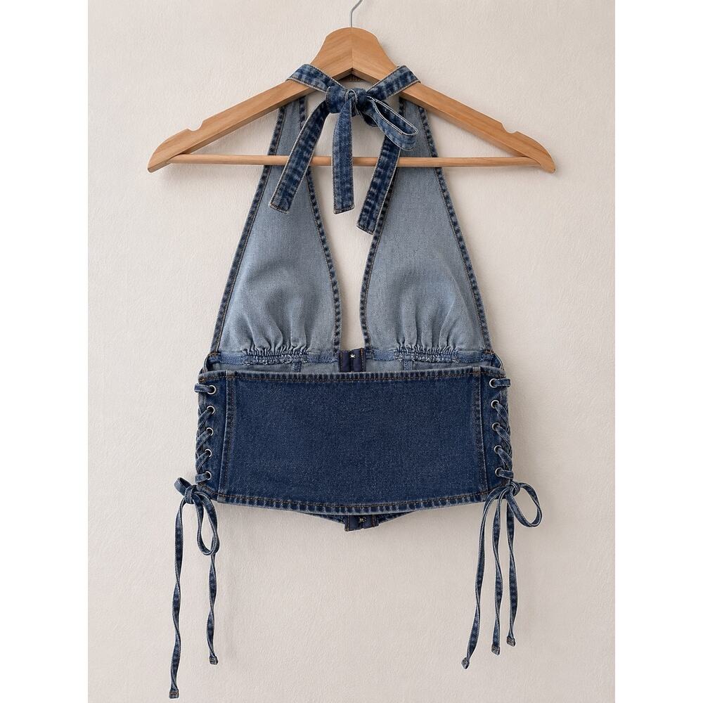 Windsor Denim Halter Corset Top Lace Up Sz S Y2K Hook Eye Jean Bustier Coquette - Picture 2 of 7